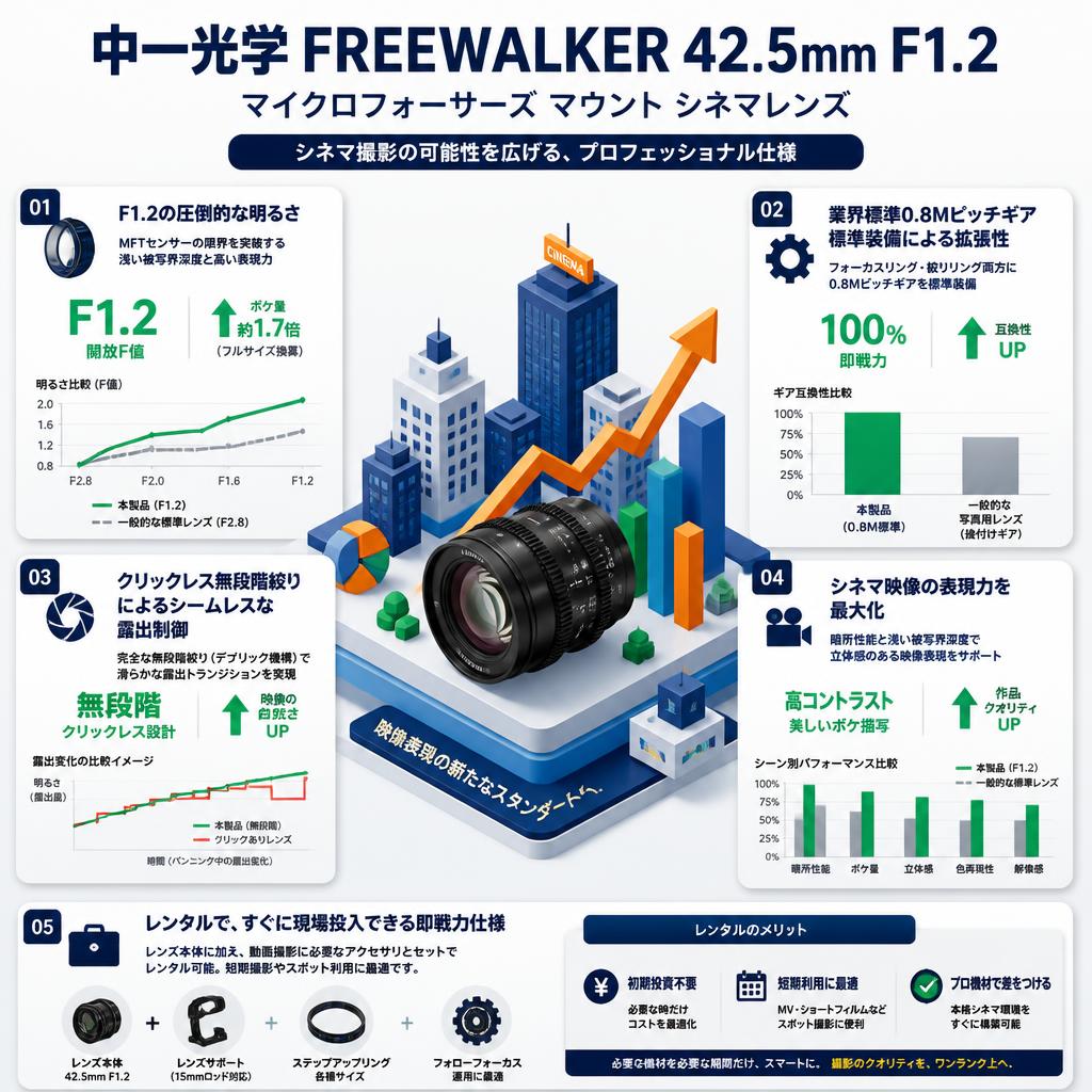 中一光学 FREEWALKER 42.5mm F1.2 マイクロフォーサーズ マウント シネマレンズ セールスポイント