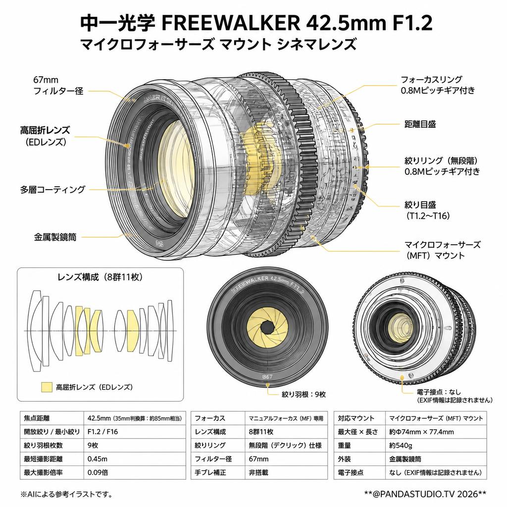 中一光学 FREEWALKER 42.5mm F1.2 マイクロフォーサーズ マウント シネマレンズ スペック