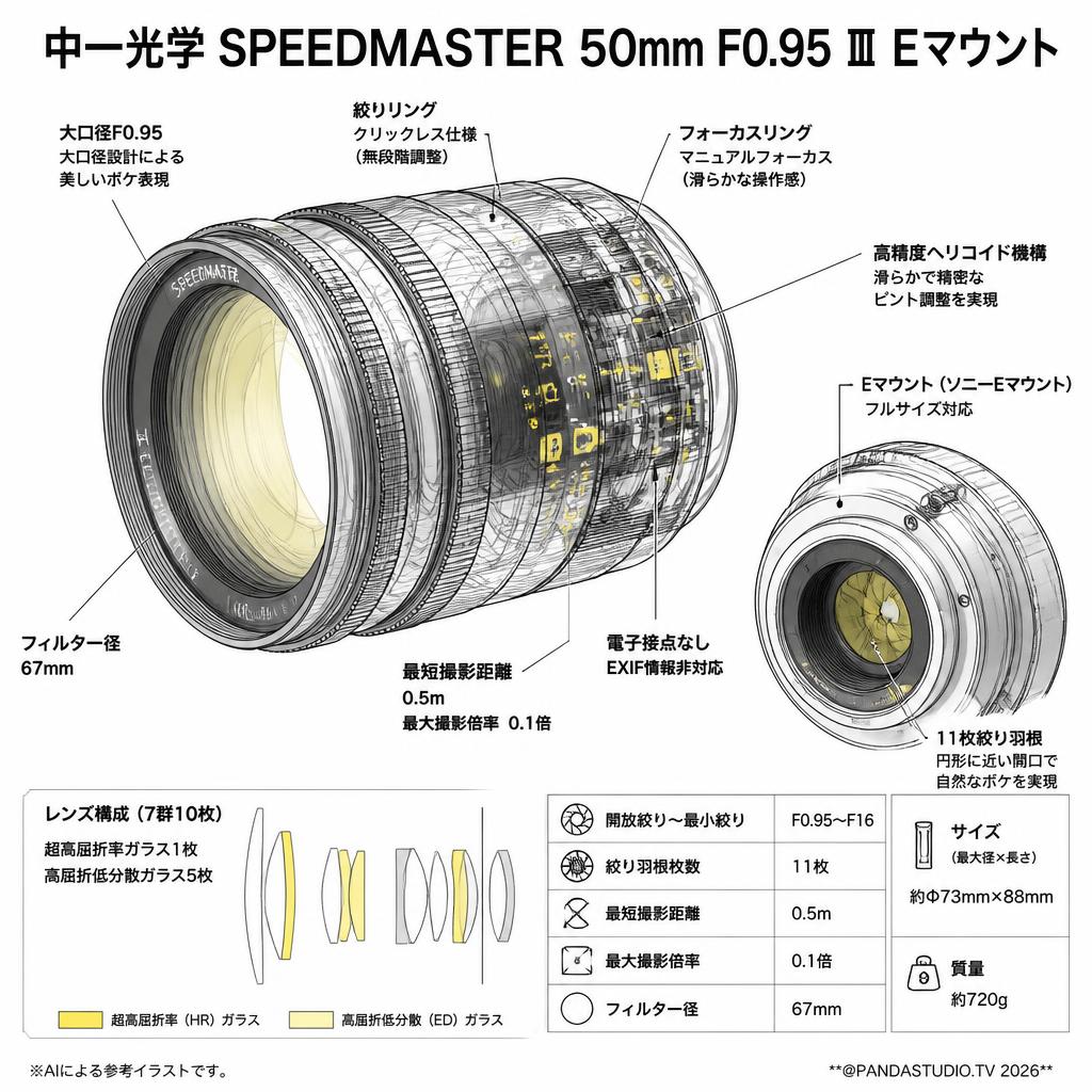 中一光学 SPEEDMASTER 50mm F0.95 Ⅲ Eマウント スペック