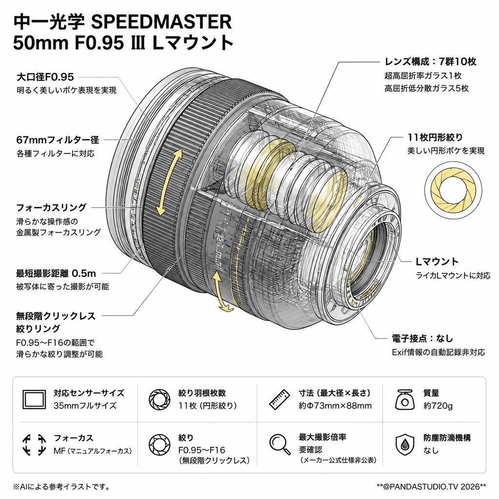 中一光学 SPEEDMASTER 50mm F0.95 Ⅲ Lマウント スペック