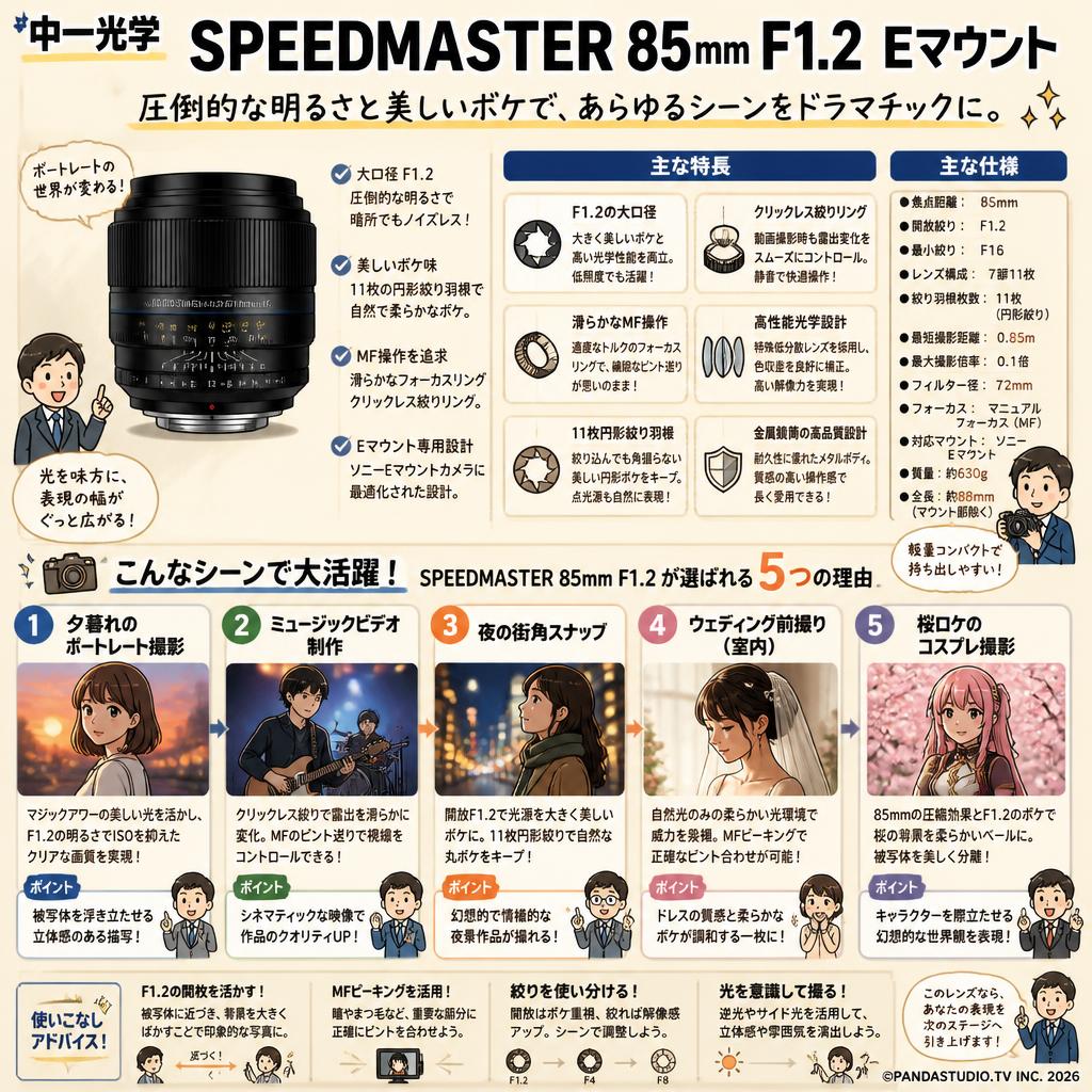 中一光学 SPEEDMASTER 85mm F1.2 Eマウント 用途