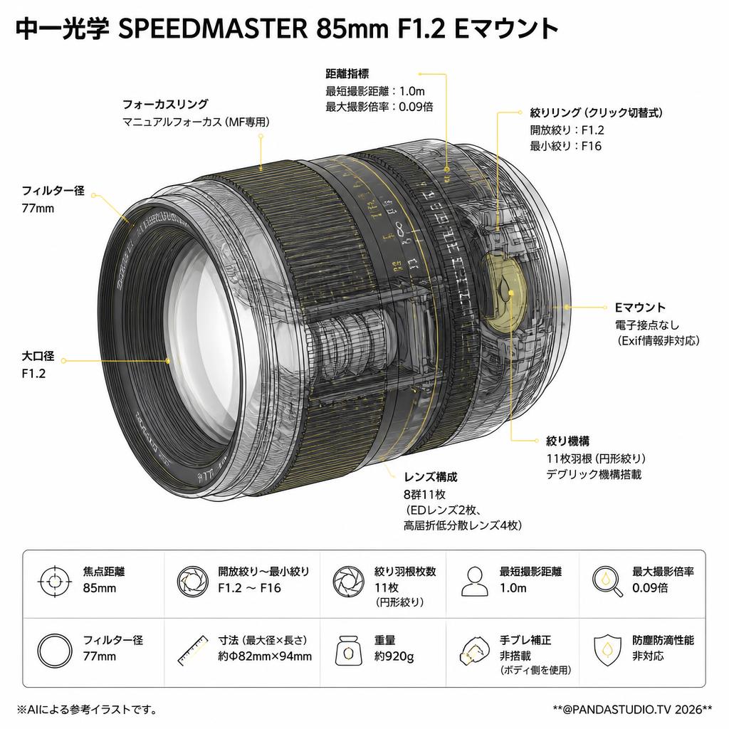 中一光学 SPEEDMASTER 85mm F1.2 Eマウント スペック