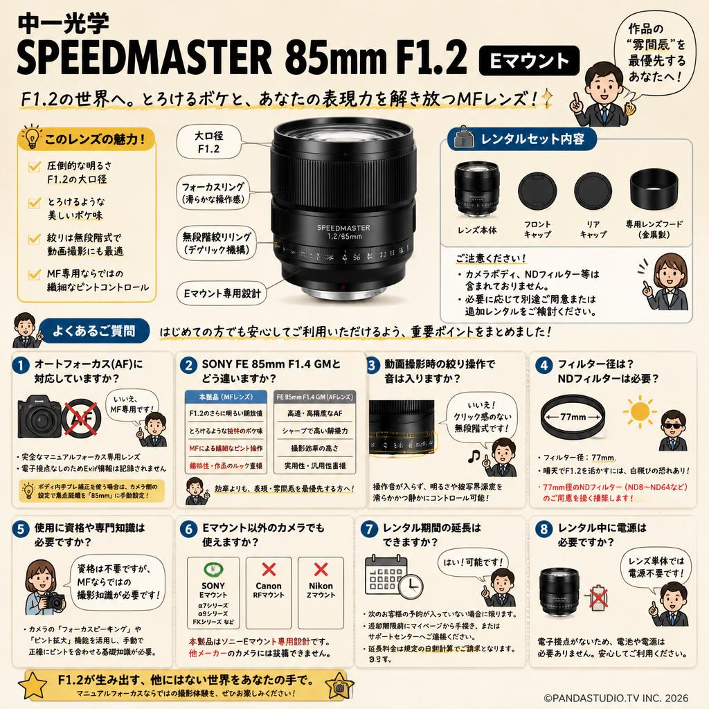 中一光学 SPEEDMASTER 85mm F1.2 Eマウント FAQ（よくある質問と答え）