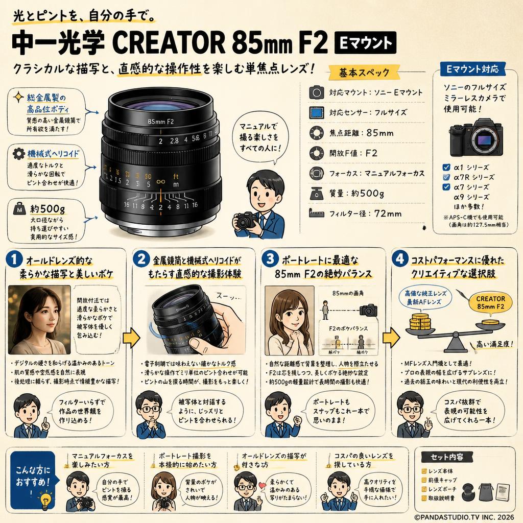 中一光学 CREATOR 85mm F2 Eマウント 概要