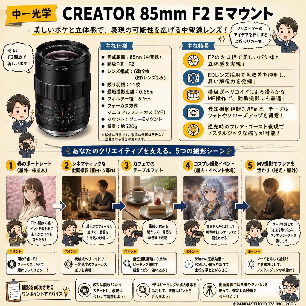 中一光学 CREATOR 85mm F2 Eマウント 用途