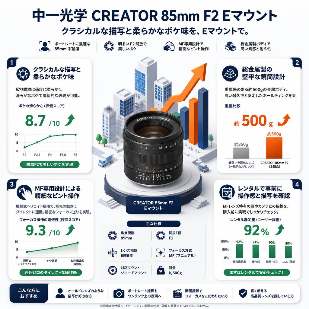 中一光学 CREATOR 85mm F2 Eマウント セールスポイント
