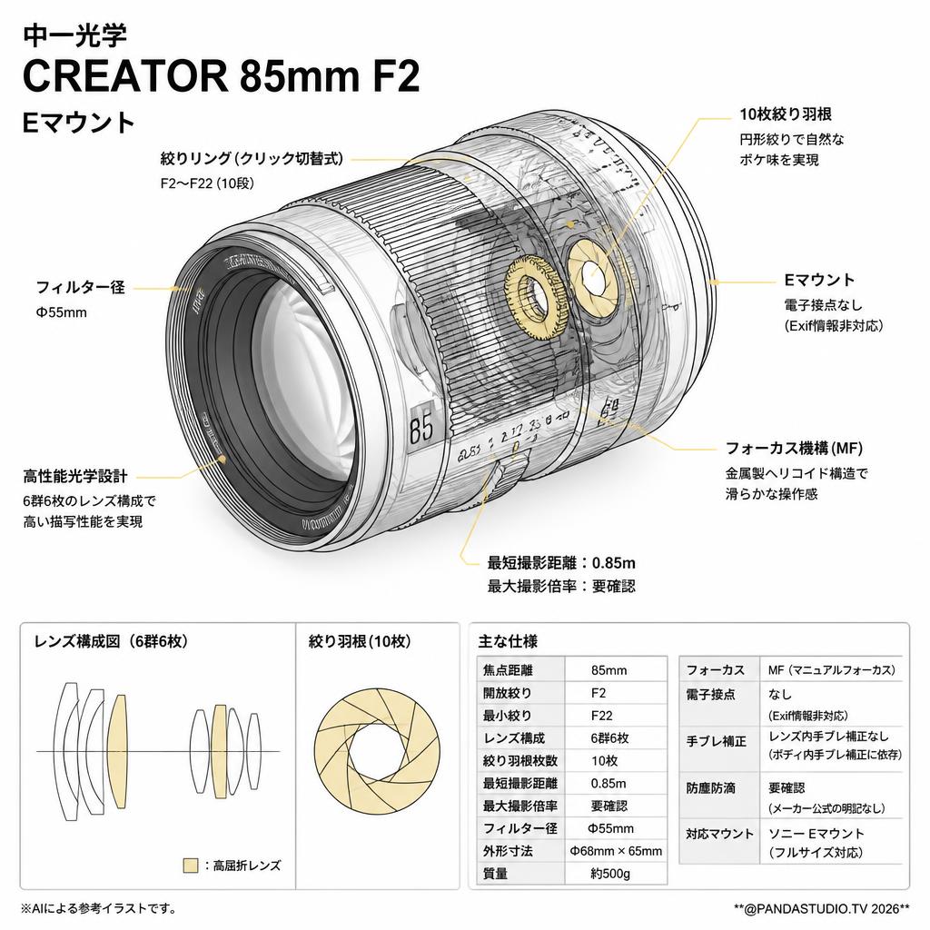 中一光学 CREATOR 85mm F2 Eマウント スペック