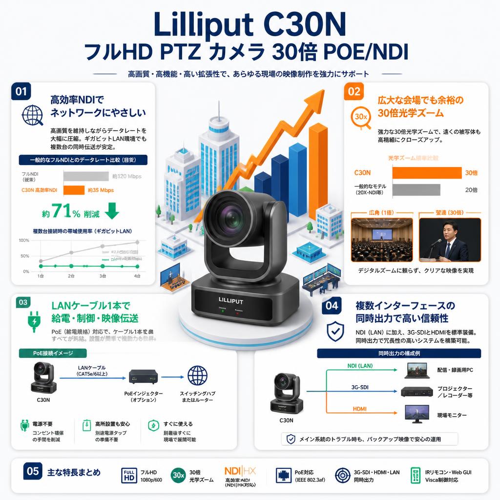 Lilliput C30N フルHD PTZ カメラ 30倍 POE/NDI セールスポイント