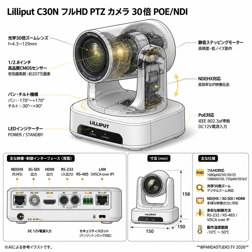 Lilliput C30N フルHD PTZ カメラ 30倍 POE/NDI スペック