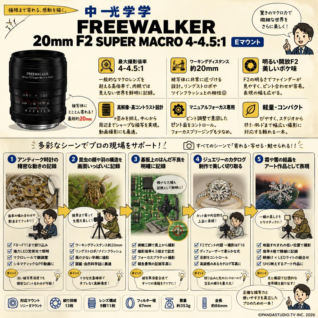 中一光学 FREEWALKER 20mm F2 SUPER MACRO 4-4.5:1 Eマウント 用途