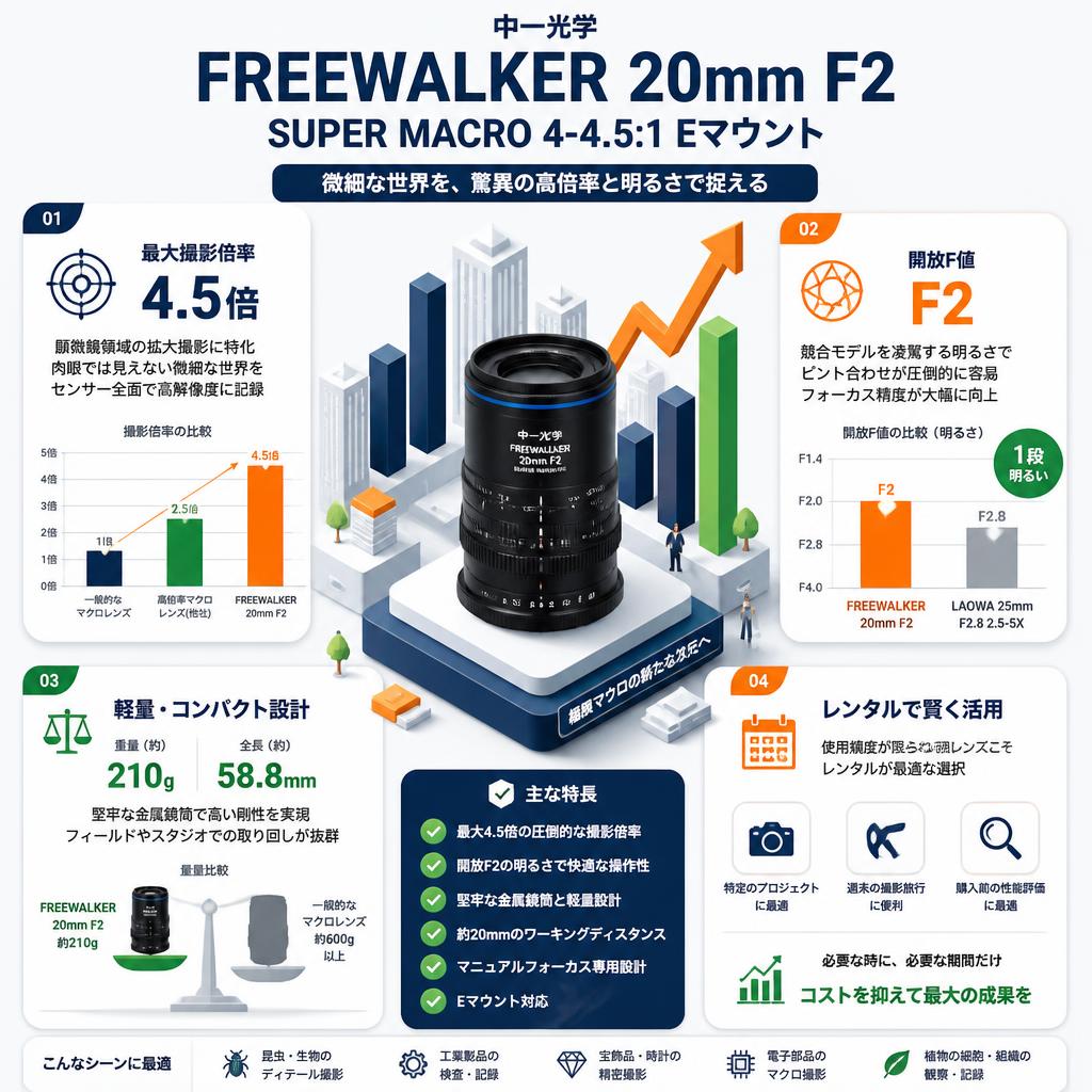 中一光学 FREEWALKER 20mm F2 SUPER MACRO 4-4.5:1 Eマウント セールスポイント