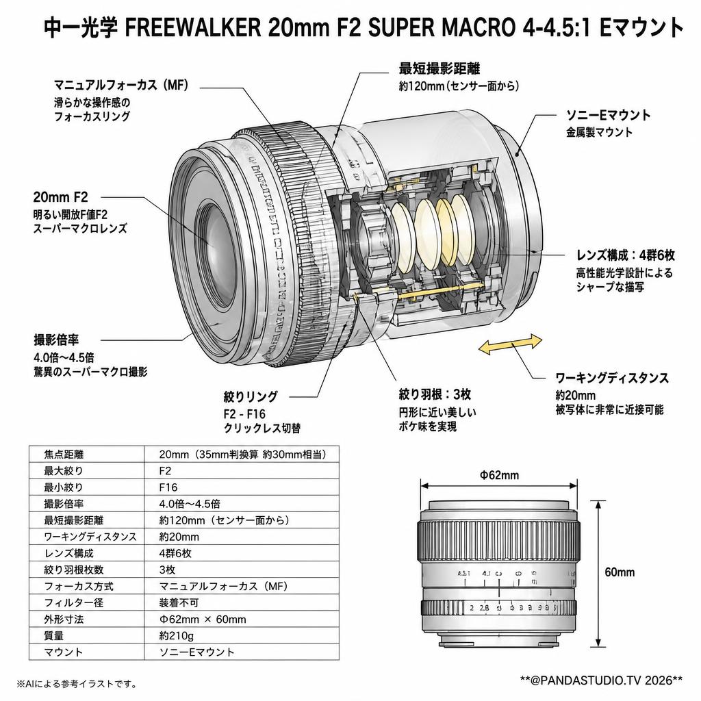 中一光学 FREEWALKER 20mm F2 SUPER MACRO 4-4.5:1 Eマウント スペック