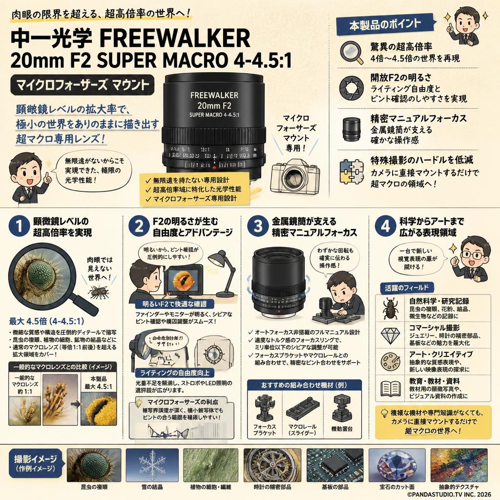 中一光学 FREEWALKER 20mm F2 SUPER MACRO 4-4.5:1　マイクロフォーサーズ マウント 概要