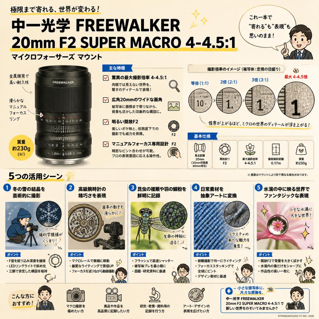 中一光学 FREEWALKER 20mm F2 SUPER MACRO 4-4.5:1　マイクロフォーサーズ マウント 用途