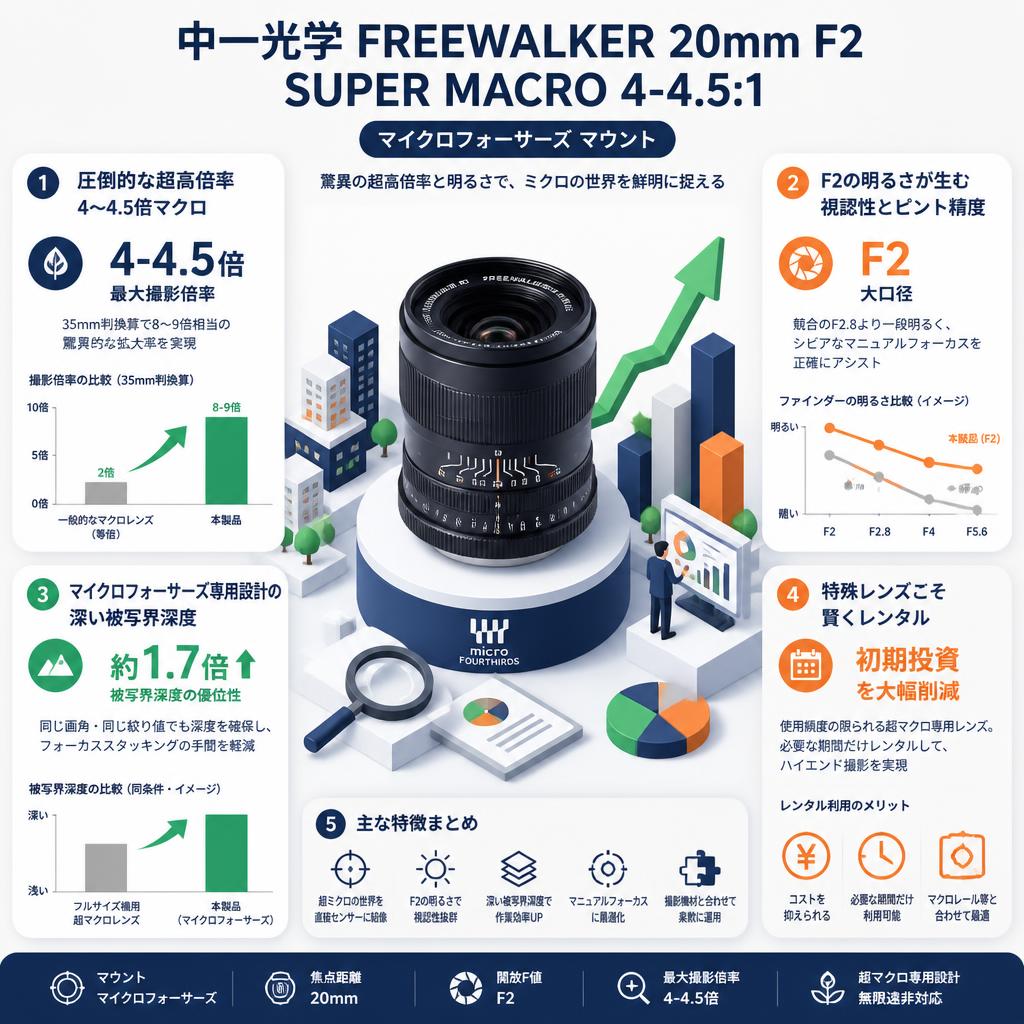 中一光学 FREEWALKER 20mm F2 SUPER MACRO 4-4.5:1　マイクロフォーサーズ マウント セールスポイント