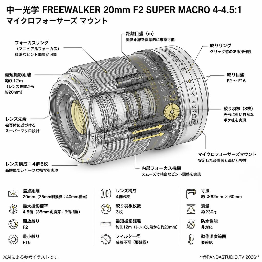 中一光学 FREEWALKER 20mm F2 SUPER MACRO 4-4.5:1　マイクロフォーサーズ マウント スペック