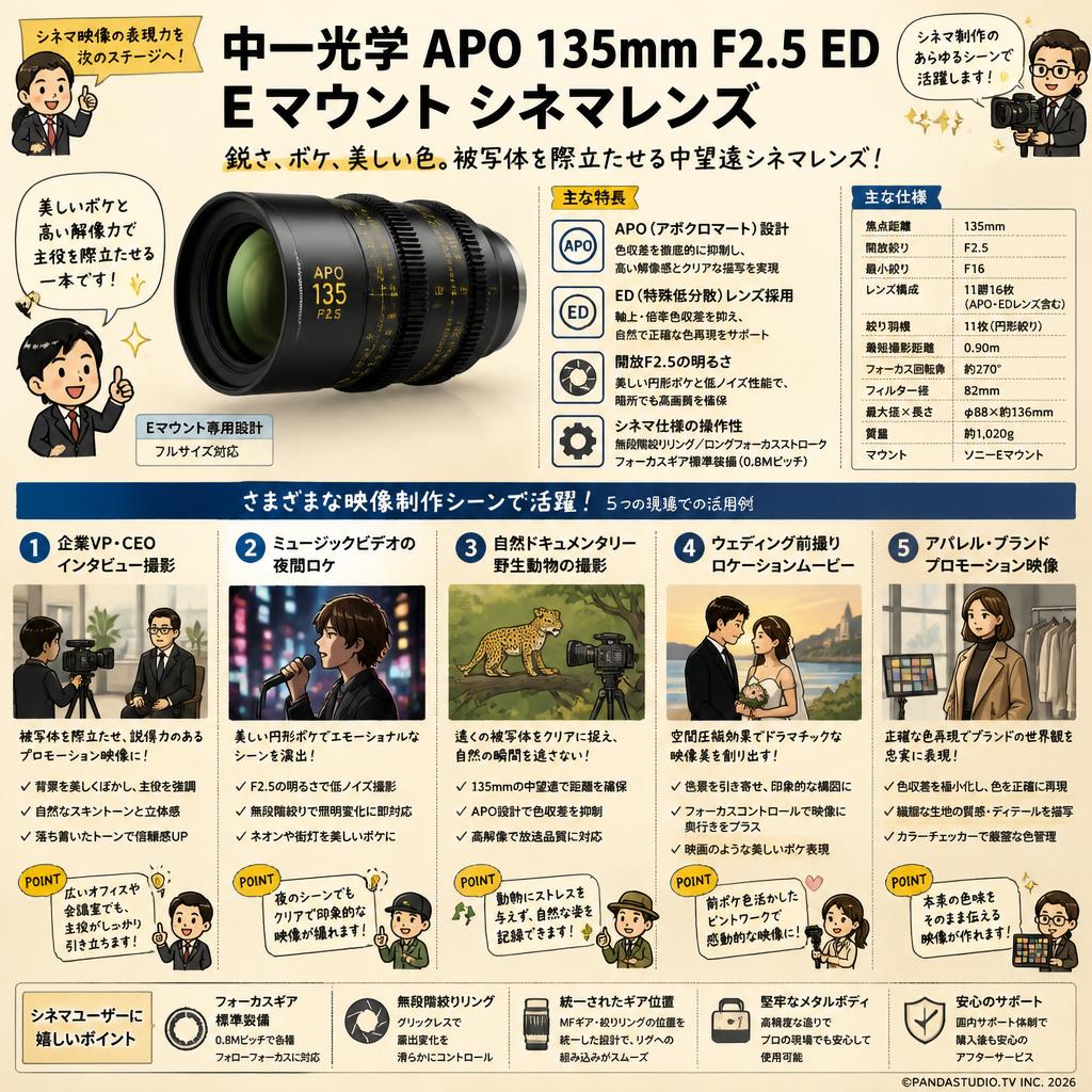 中一光学 APO 135mm F2.5 ED Eマウント シネマレンズ 用途