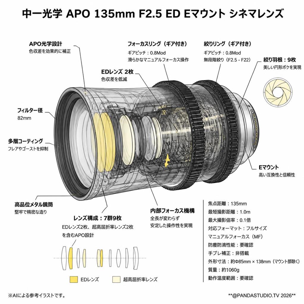 中一光学 APO 135mm F2.5 ED Eマウント シネマレンズ スペック