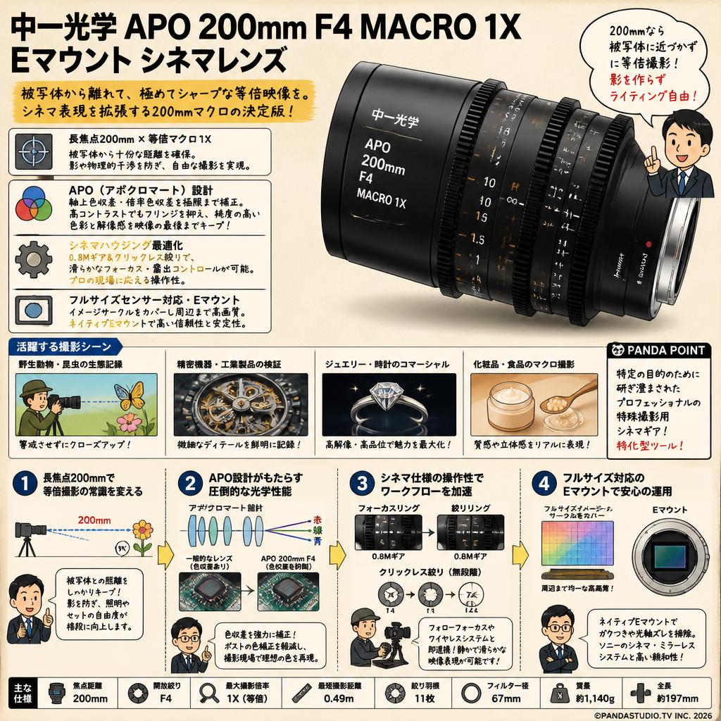 中一光学 APO 200mm F4 MACRO 1X Eマウント シネマレンズ 概要