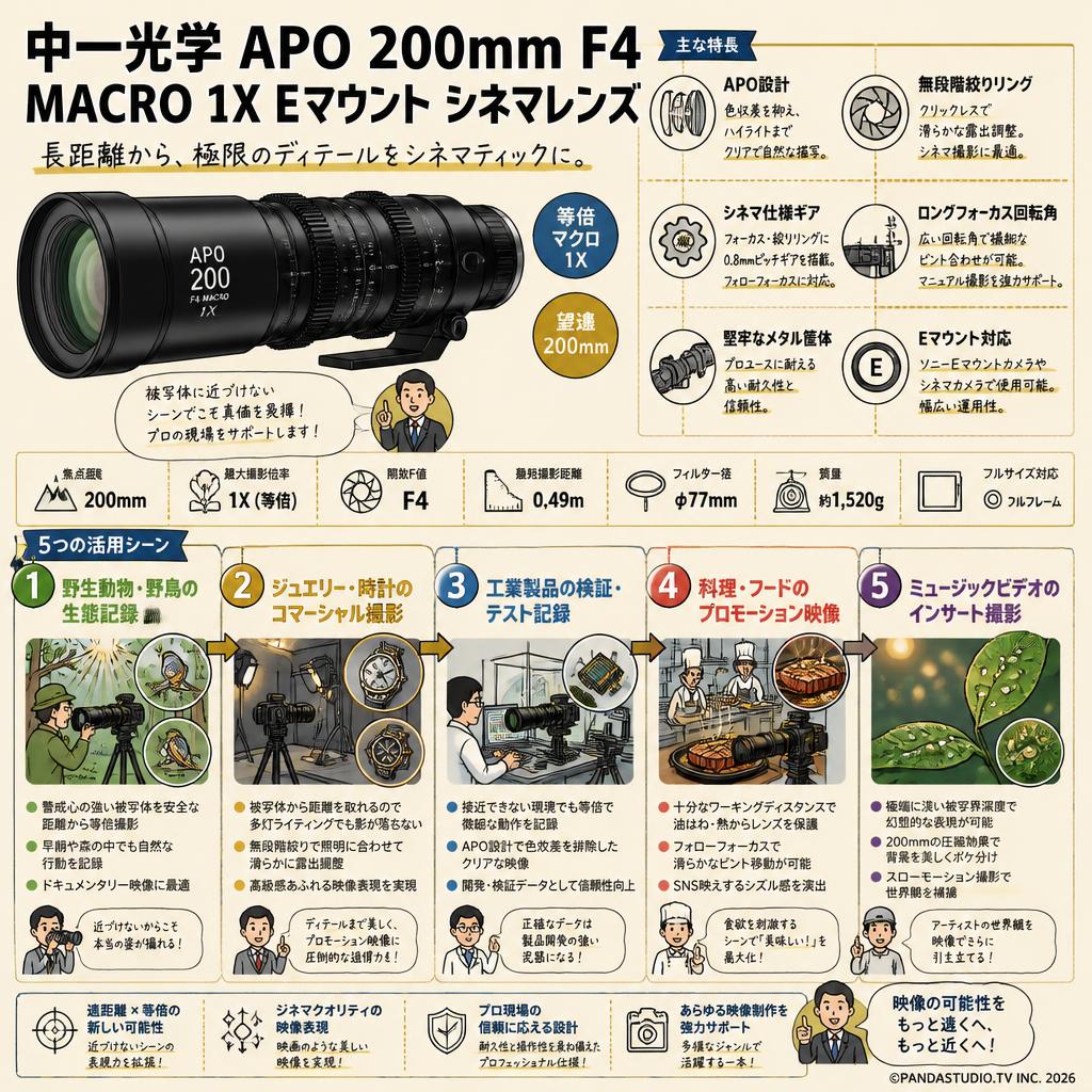 中一光学 APO 200mm F4 MACRO 1X Eマウント シネマレンズ 用途