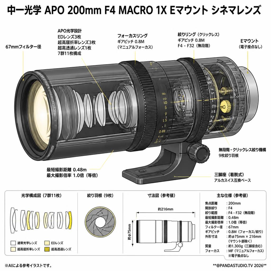 中一光学 APO 200mm F4 MACRO 1X Eマウント シネマレンズ スペック