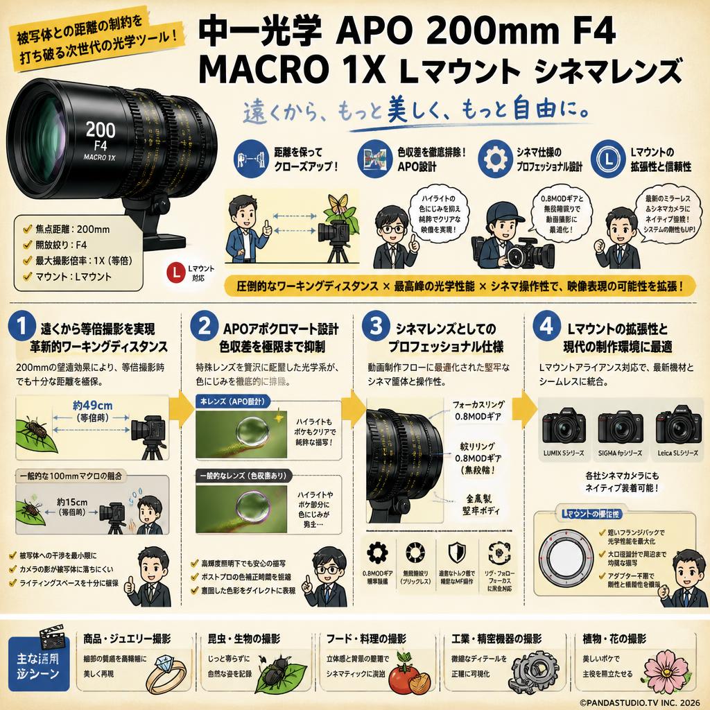 中一光学 APO 200mm F4 MACRO 1X Lマウント シネマレンズ 概要
