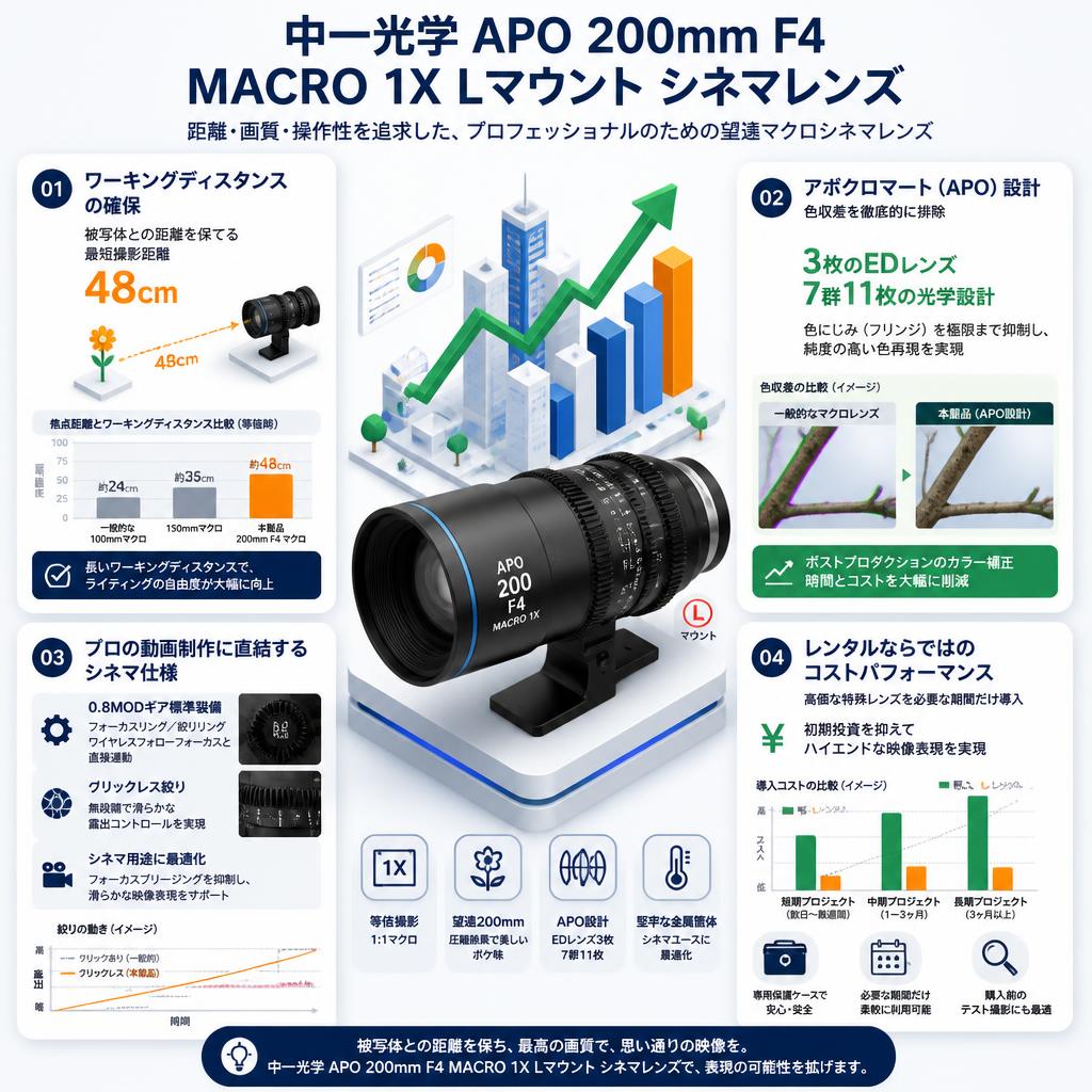 中一光学 APO 200mm F4 MACRO 1X Lマウント シネマレンズ セールスポイント