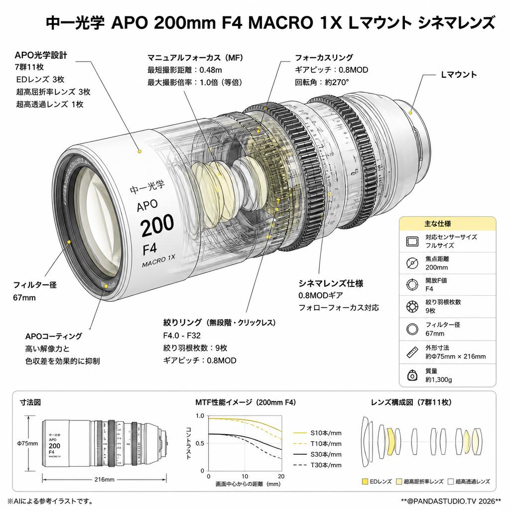 中一光学 APO 200mm F4 MACRO 1X Lマウント シネマレンズ スペック