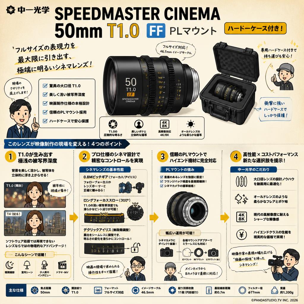 中一光学 SPEEDMASTER CINEMA 50mm T1.0 FF PLマウント（ハードーケース付き） 概要