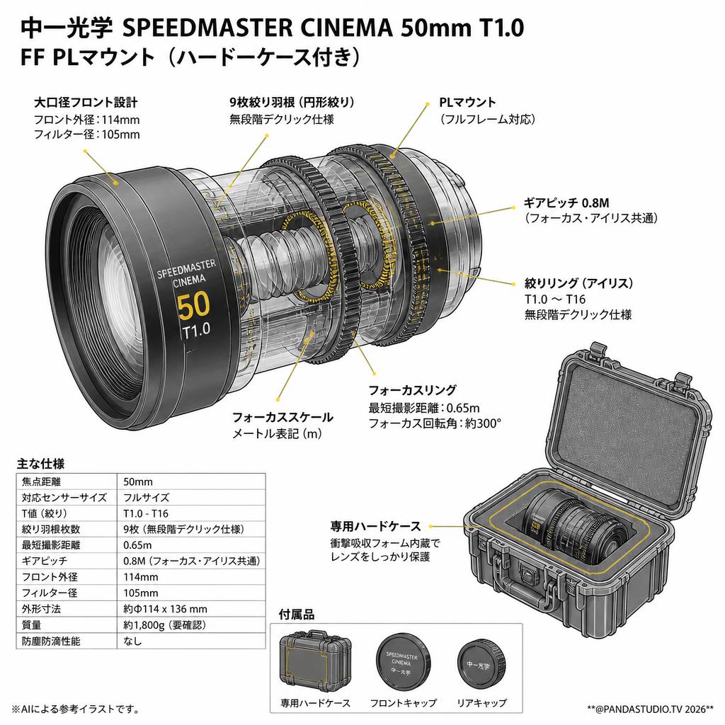 中一光学 SPEEDMASTER CINEMA 50mm T1.0 FF PLマウント（ハードーケース付き） スペック