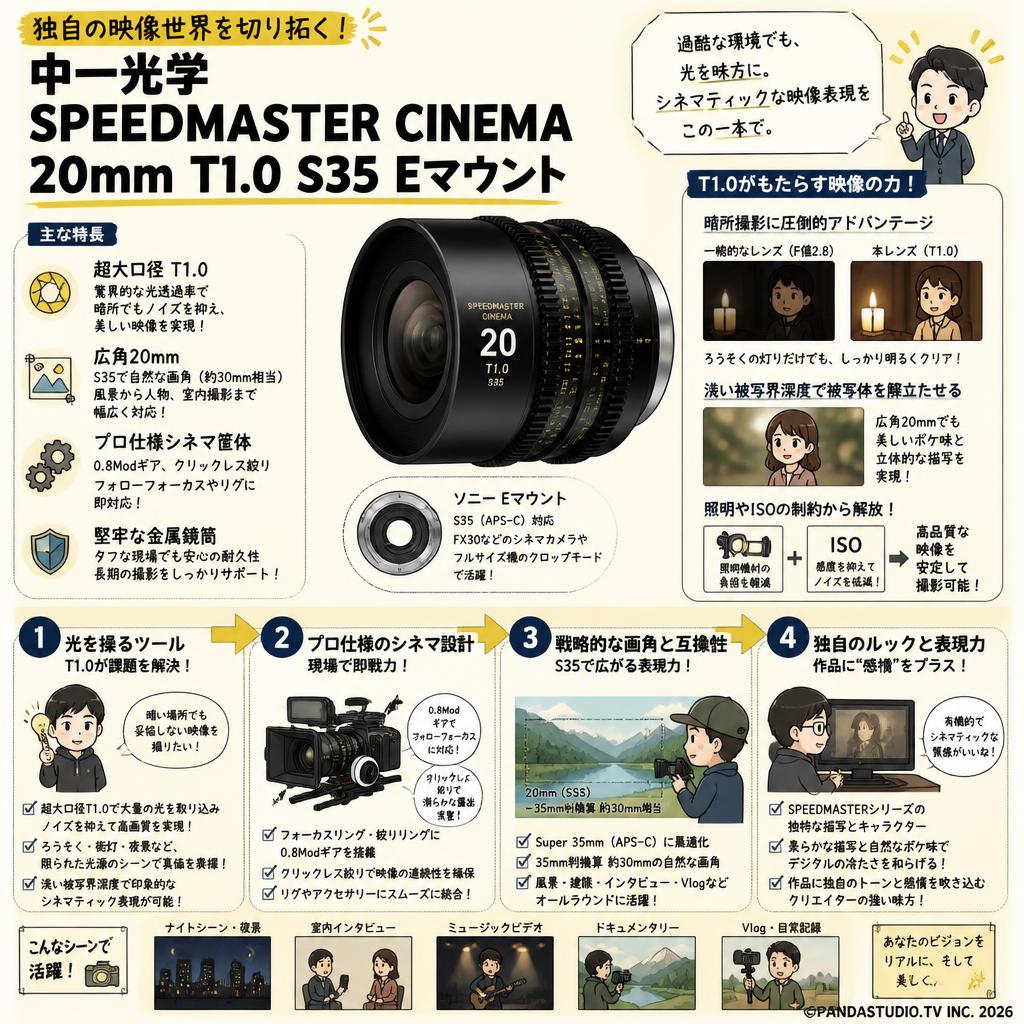 中一光学 SPEEDMASTER CINEMA 20mm T1.0 S35 Eマウント 概要