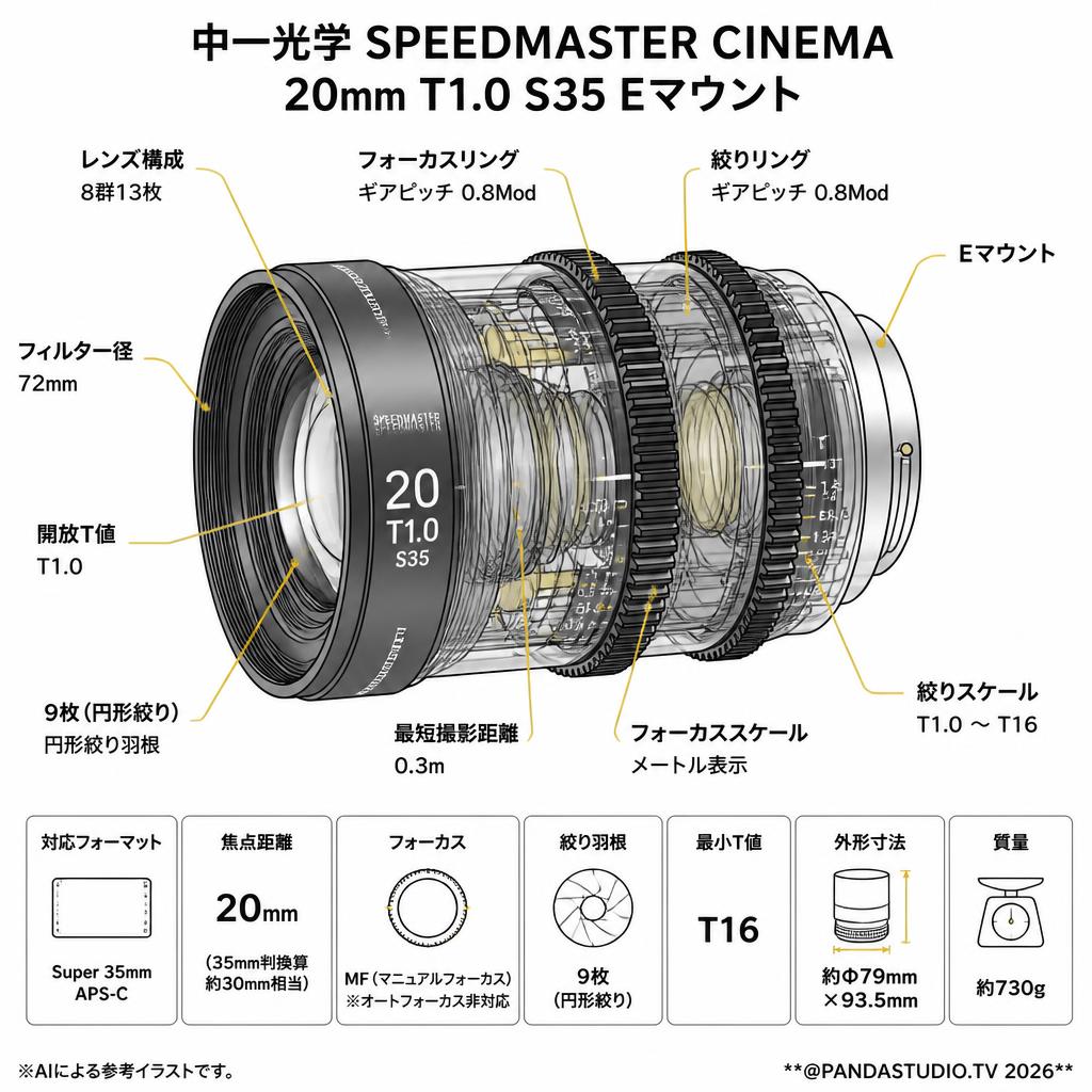 中一光学 SPEEDMASTER CINEMA 20mm T1.0 S35 Eマウント スペック