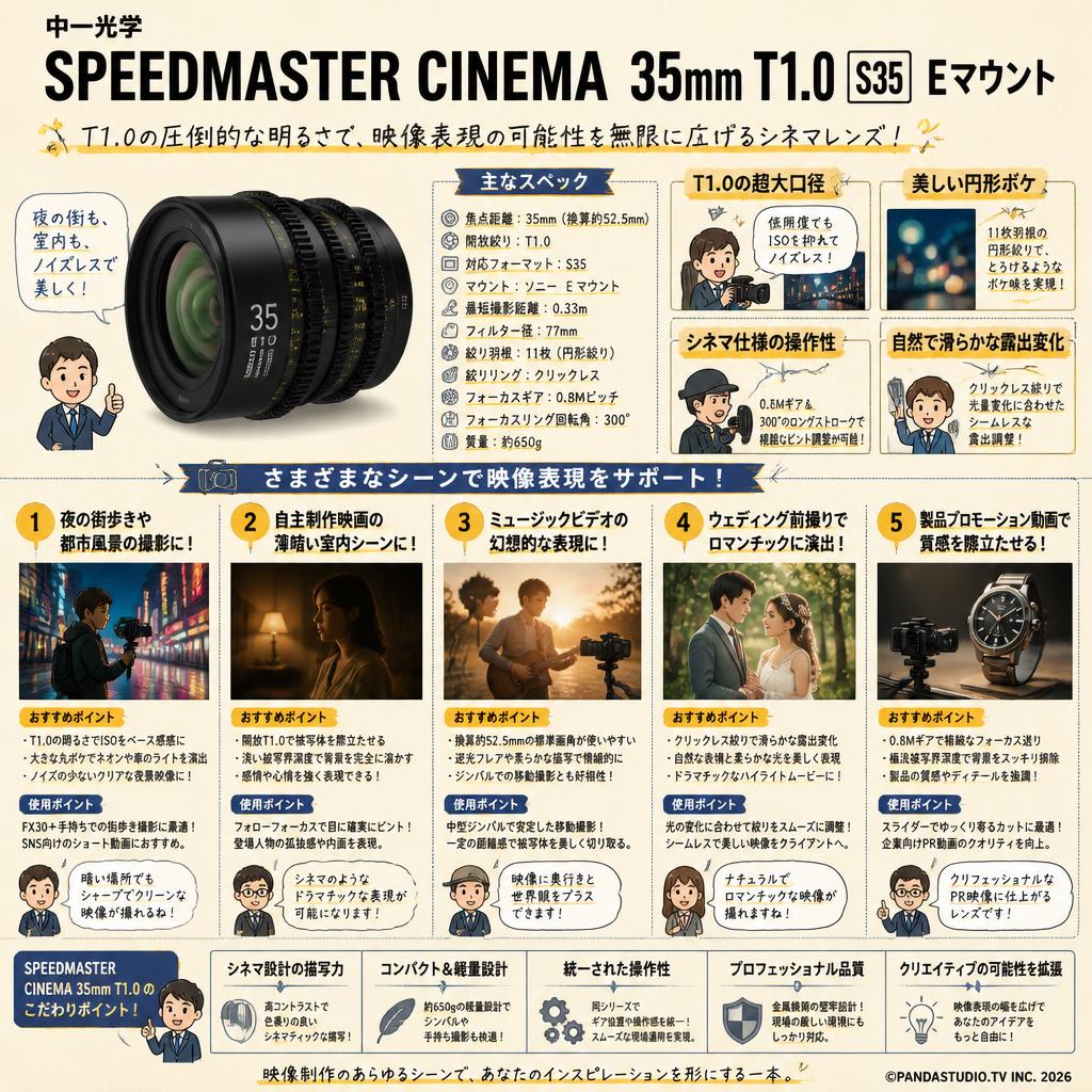 中一光学 SPEEDMASTER CINEMA 35mm T1.0 S35 Eマウント 用途