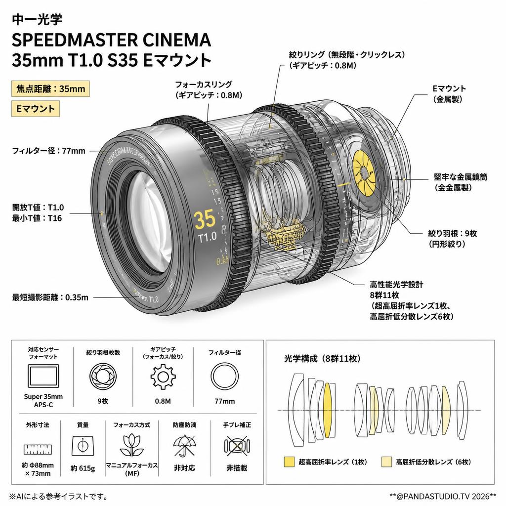 中一光学 SPEEDMASTER CINEMA 35mm T1.0 S35 Eマウント スペック