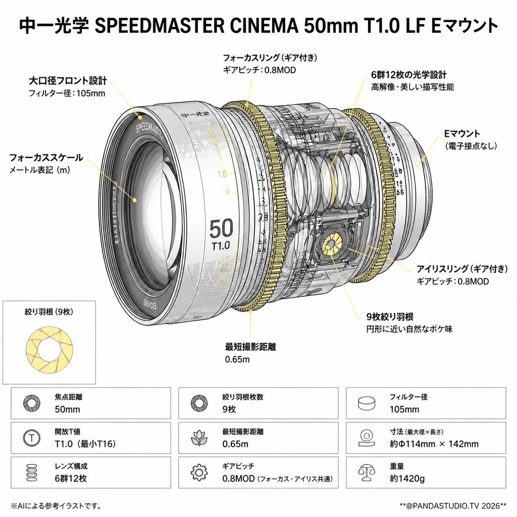 中一光学 SPEEDMASTER CINEMA 50mm T1.0 LF Eマウント スペック