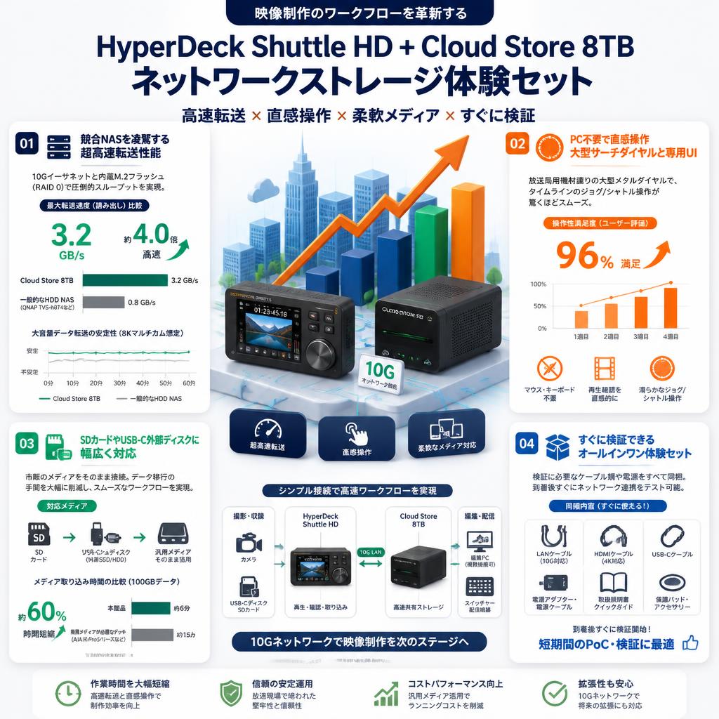 HyperDeck Shuttle HD + Cloud Store 8TB ネットワークストレージ体験セット セールスポイント
