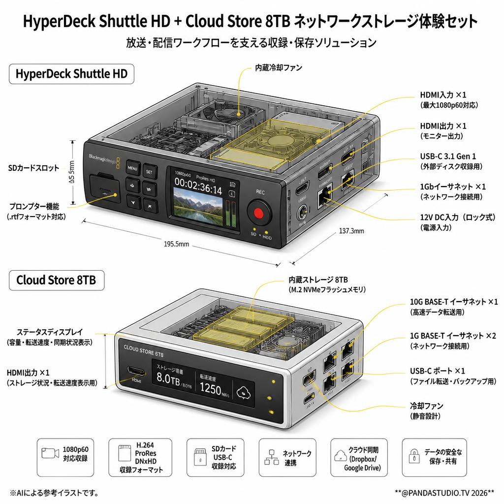 HyperDeck Shuttle HD + Cloud Store 8TB ネットワークストレージ体験セット スペック