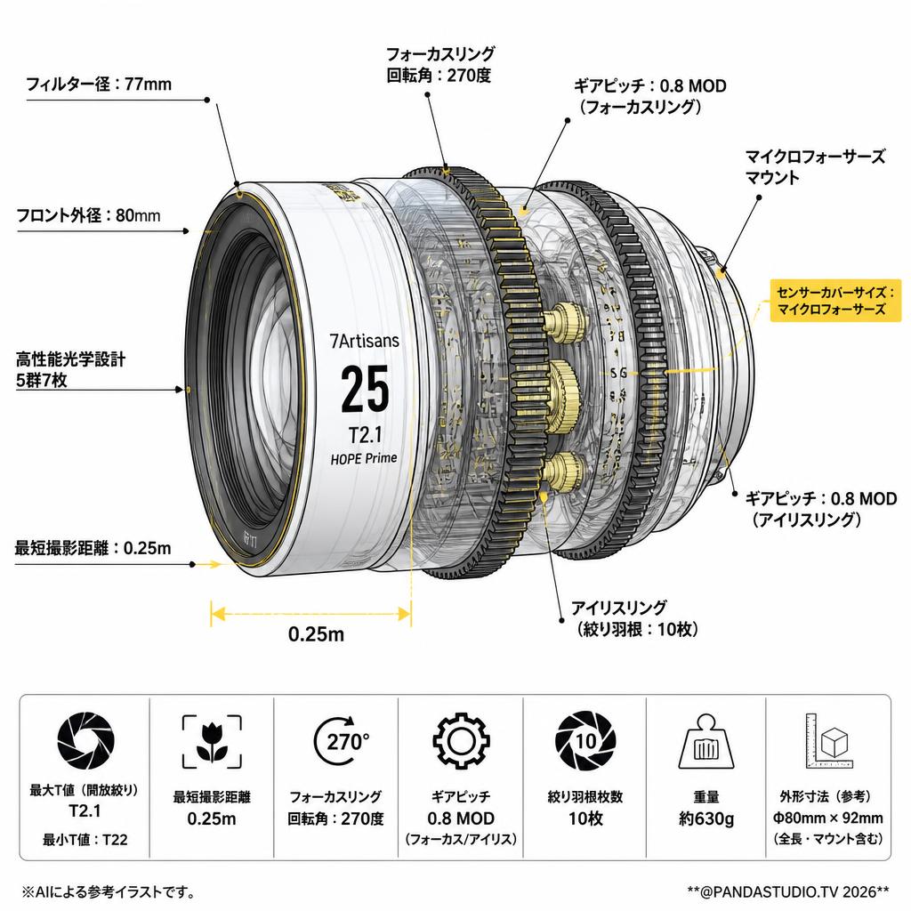 7Artisans HOPE Prime 25mm T2.1 マイクロフォーサーズマウント スペック