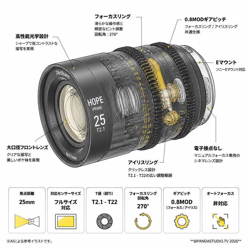 7Artisans HOPE Prime 25mm T2.1  Eマウント スペック