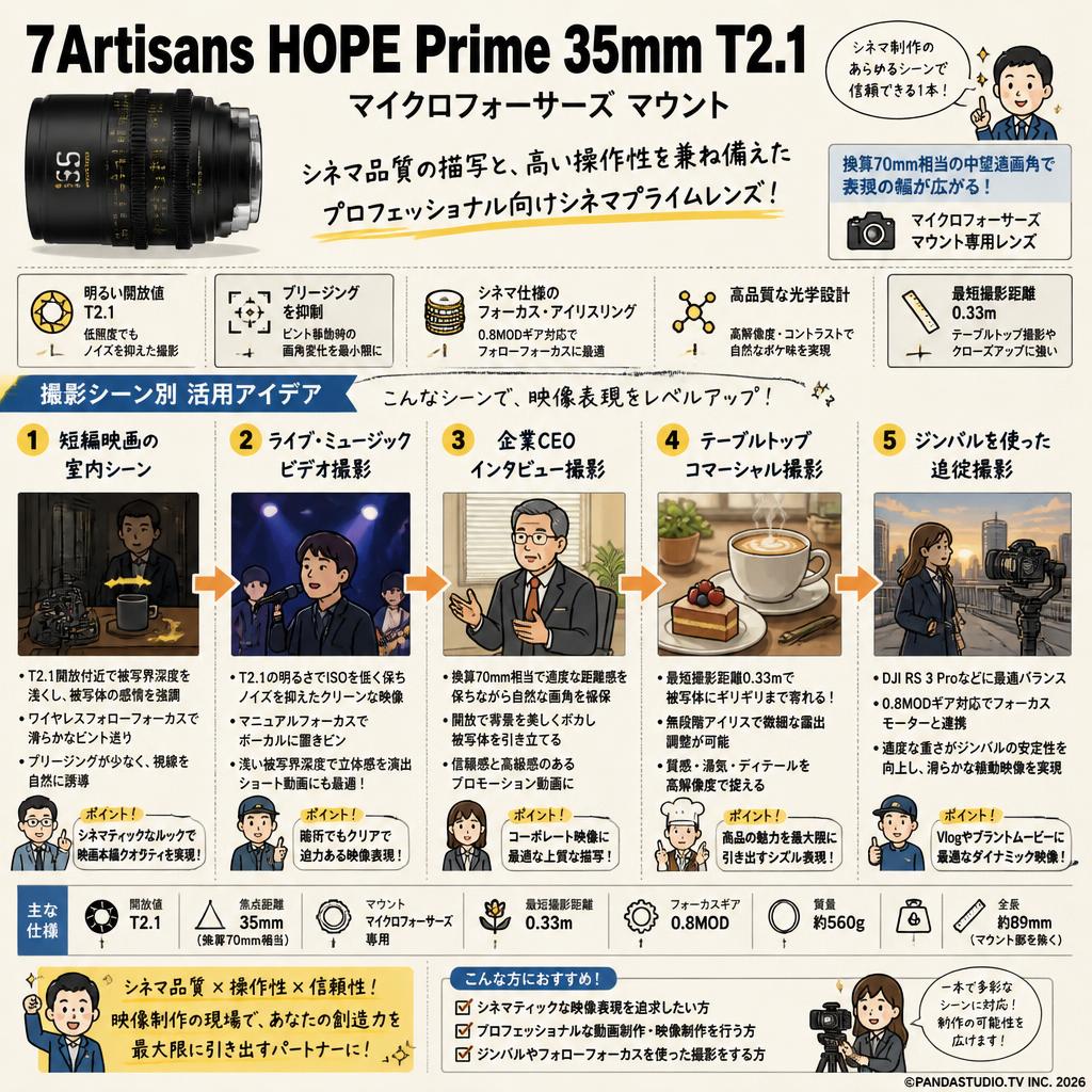 7Artisans HOPE Prime 35mm T2.1 マイクロフォーサーズ マウント 用途