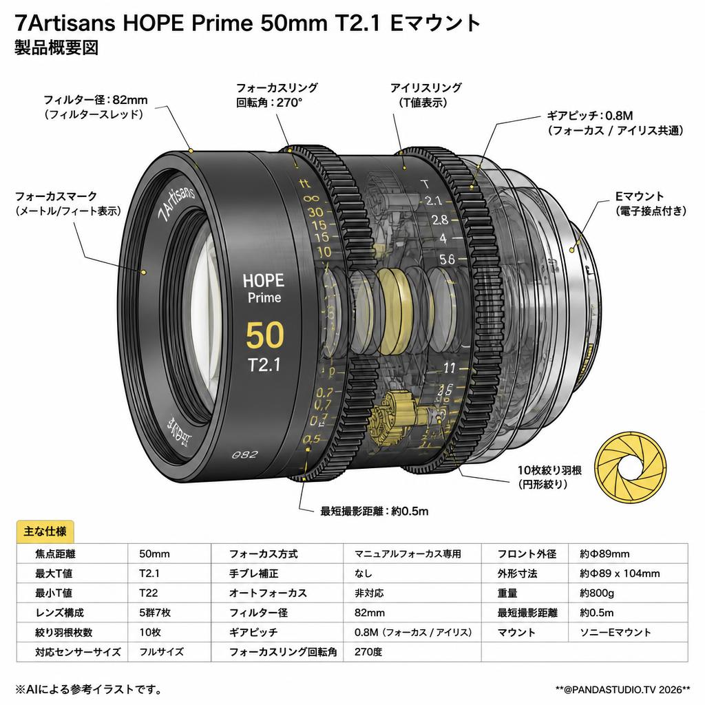 7Artisans HOPE Prime 50mm  T2.1 Eマウント スペック