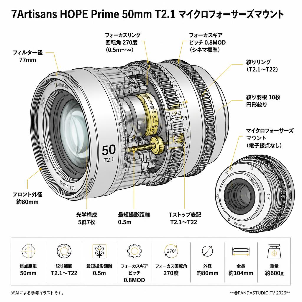 7Artisans HOPE Prime 50mm T2.1 マイクロフォーサーズマウント スペック