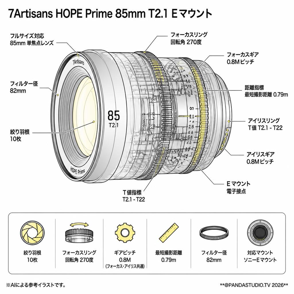 7Artisans HOPE Prime 85mm T2.1 Eマウント スペック