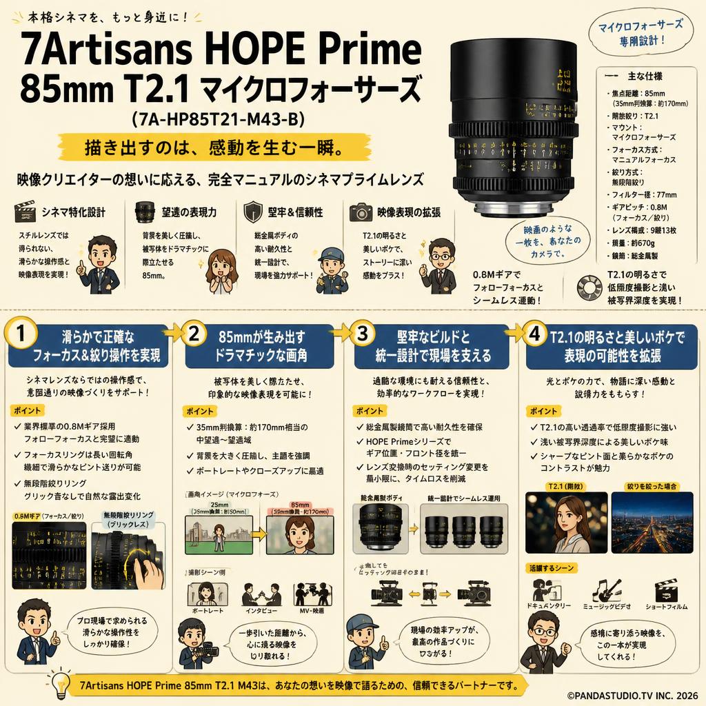 7Artisans HOPE Prime 85mm T2.1 マイクロフォーサーズ ( 7A-HP85T21-M43-B ) 概要