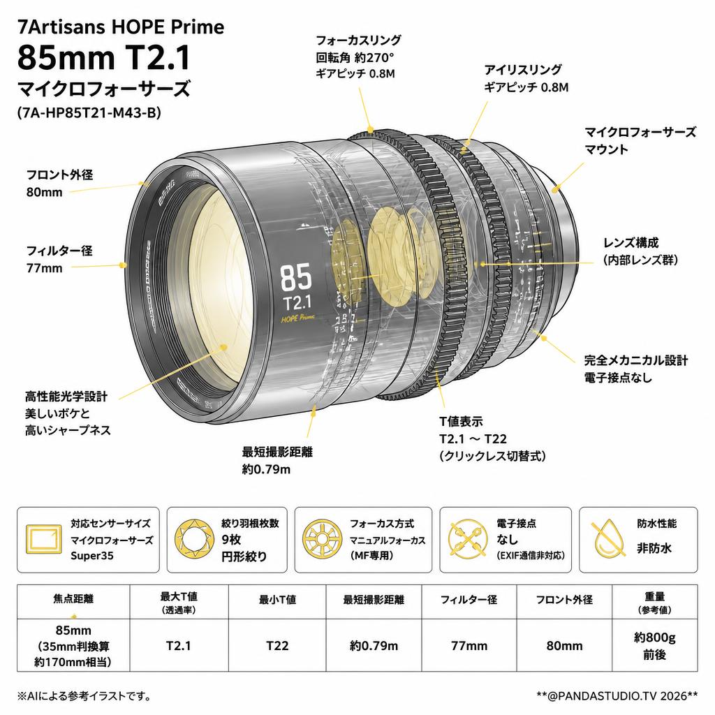 7Artisans HOPE Prime 85mm T2.1 マイクロフォーサーズ ( 7A-HP85T21-M43-B ) スペック