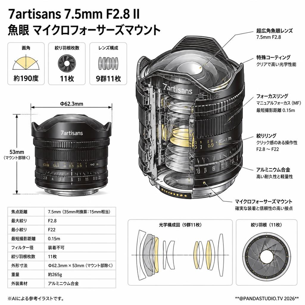 7artisans 7.5mm F2.8 II 魚眼 マイクロフォーサーズマウント スペック