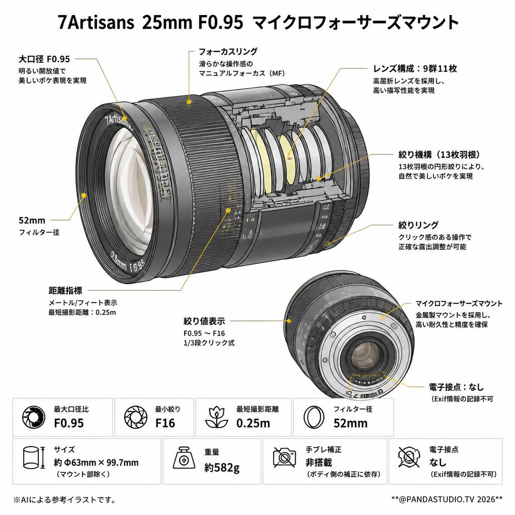 7Artisans 25mm F0.95 マイクロフォーサーズマウント スペック