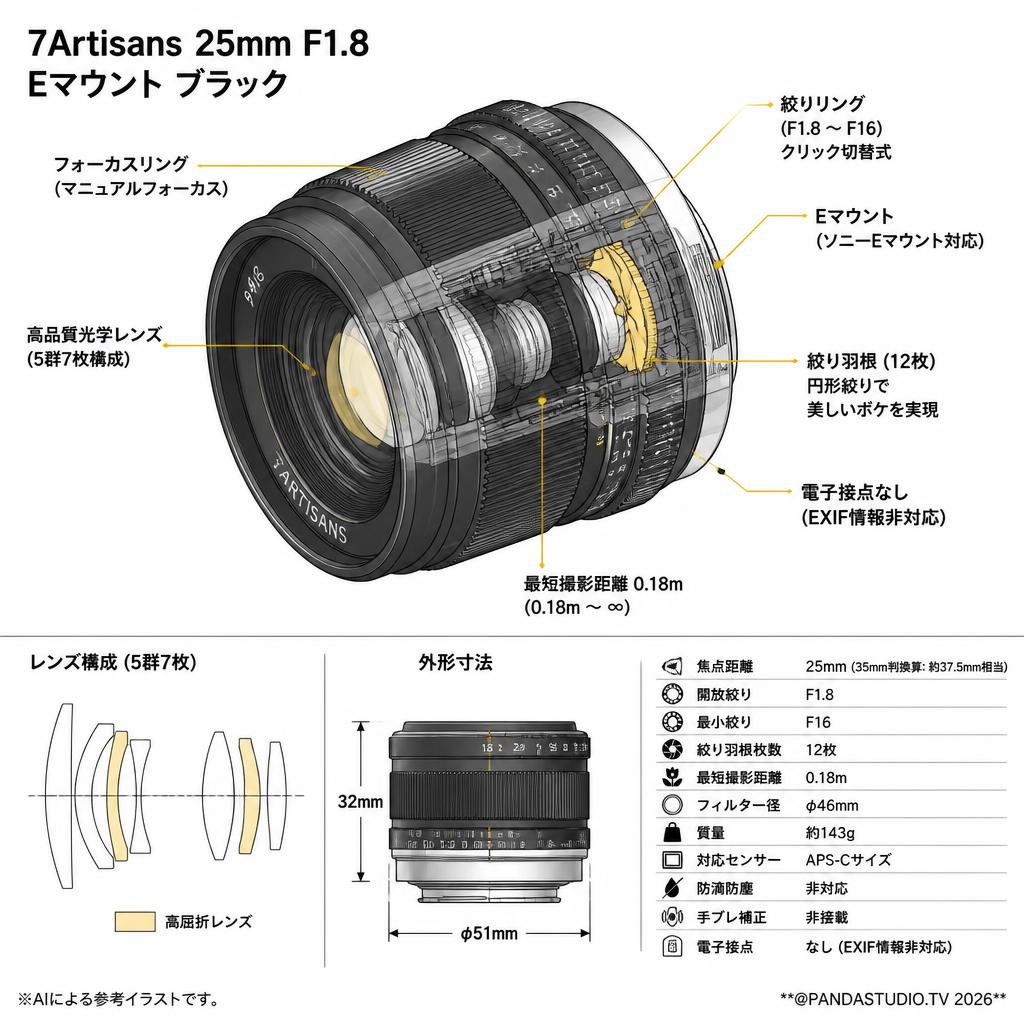 7Artisans 25mm F1.8 Eマウント ブラック スペック