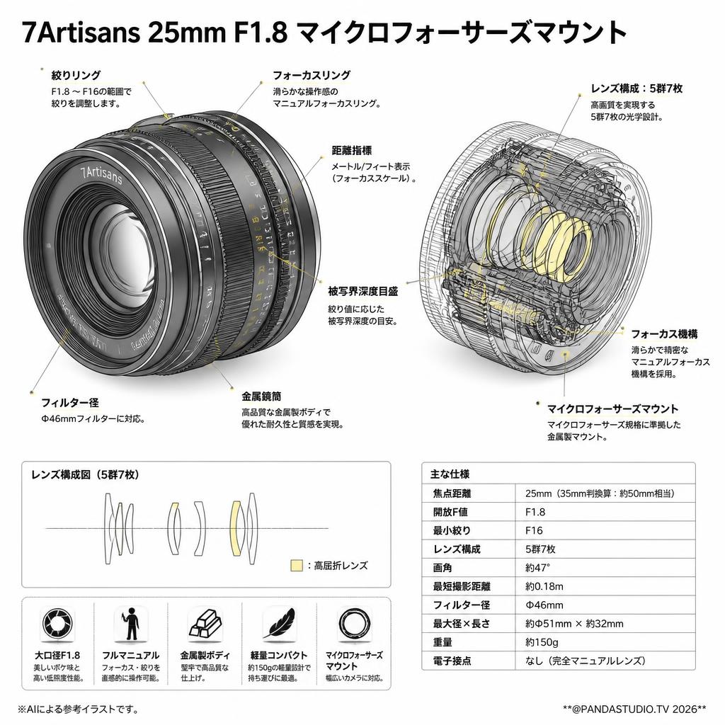 7Artisans 25mm F1.8 マイクロフォーサーズマウント スペック