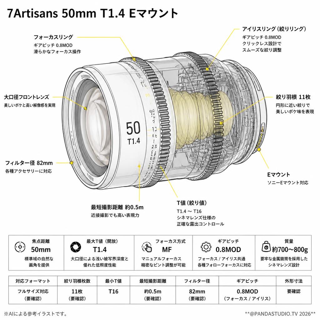 7Artisans 50mm T1.4 Eマウント スペック